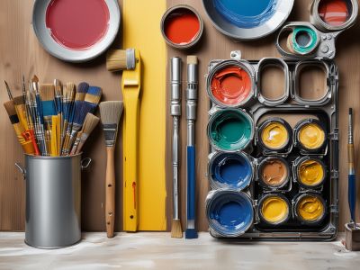 Professional painting equipment and tools layout