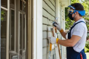 Exterior house painting with professional equipment and safety gear
